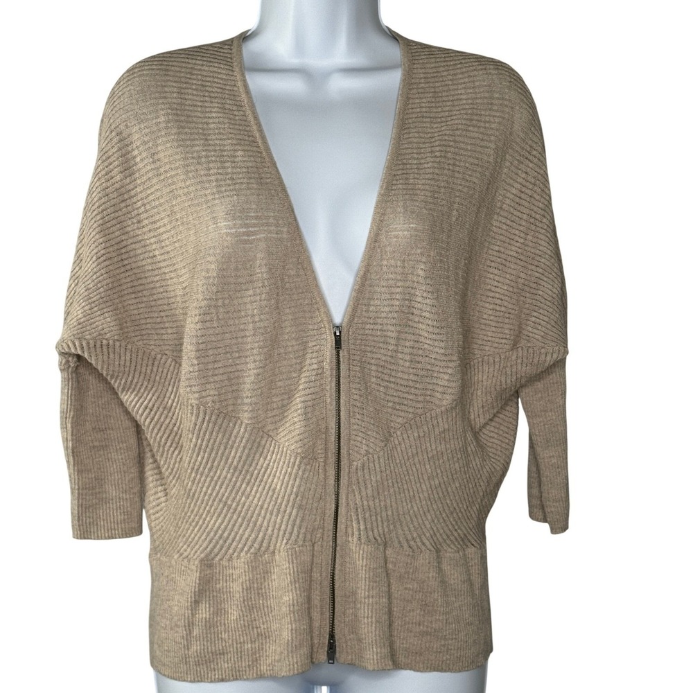 Eileen Fisher Beige Sweater Batwing Sleeves Dual Zip Front 3/4 Sleeves Wool M